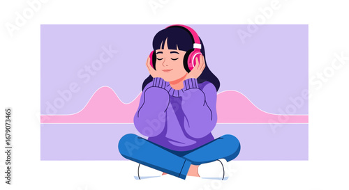 Young Woman Immersed In Her Music, Enjoying Vibrant Sounds With Closed Eyes And Headphones