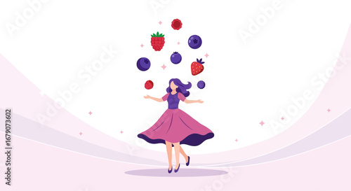 Young Woman Juggling Fresh Berries Representing Healthy Eating Habits