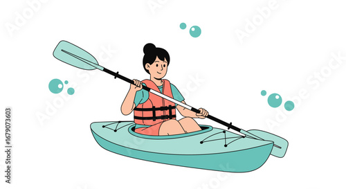 Young woman kayaking on a lake with life vest and paddle in a graphic style