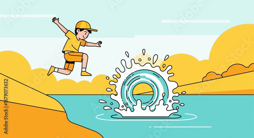 A cheerful illustration of a kid jumping into water with a splash on a sunny day