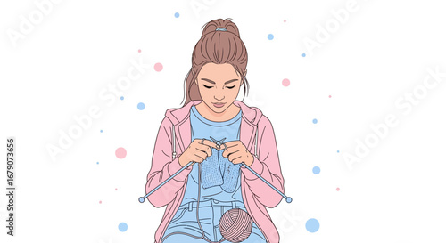 Young Woman Knitting Cozy Wool Scarf, Leisure Activity, Hobby, Craftwork Illustration