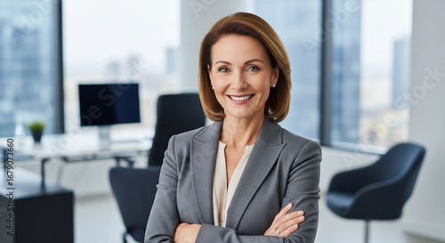 Happy elegant older mature lady posing for portrait standing in office. Beautiful middle aged business woman looking at camera, smiling 45 years old businesswoman leader executive at work closeup