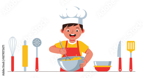 A cheerful illustration of a young chef cooking in the kitchen with different kitchen tools.