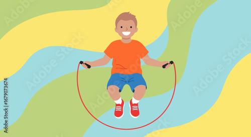 A cheerful illustration of a young boy happily jumping rope on a colorful background