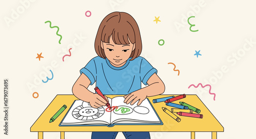 A cheerful illustration of a young girl enjoying coloring with crayons at a desk