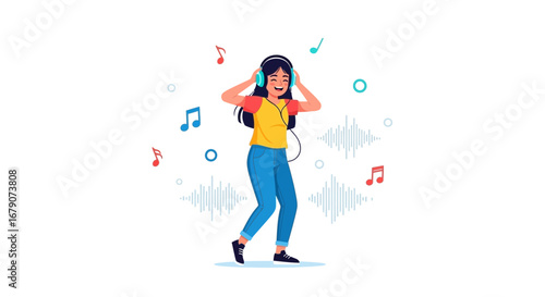 Young woman listens to music on headphones and enjoys happy vibes