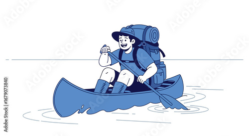 A cheerful person canoeing on a blue boat with a backpack and paddles on the water