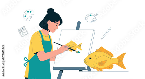 Young Woman Painting Fish On Canvas With Palette, Artistic Concept Illustration