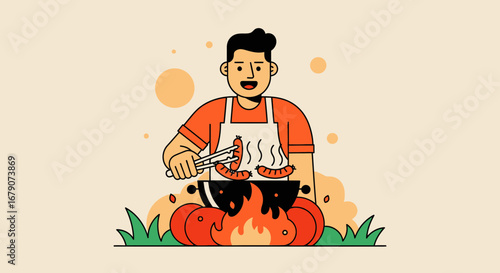 A Cheerful Person Grilling Delicious Sausages Over a Fiery Barbecue