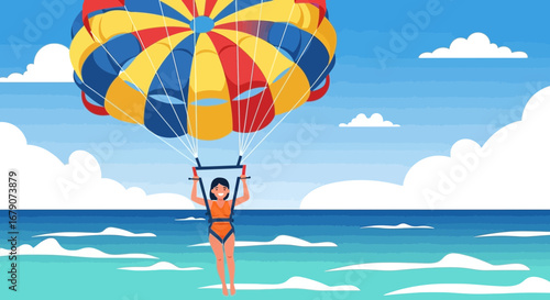 Young woman parasailing in the ocean on a sunny day, enjoying summer adventure