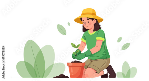 Young woman planting a seedling in a pot, gardening and taking care of plants with love