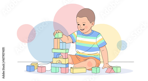 A cheerful young boy building a tower with colorful wooden blocks at home