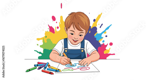 A cheerful young boy drawing with crayons and colorful paint splatters on the background
