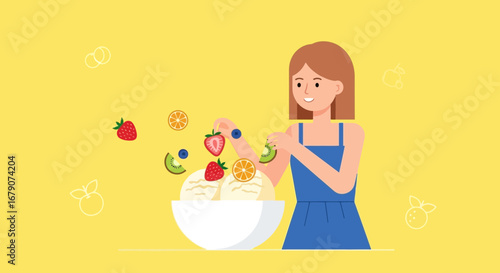 Young Woman Preparing Fresh Fruit Dessert In A Bowl With Delightful Summer Colors
