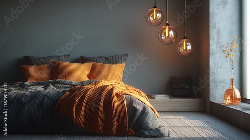 decor design house pillow orange bed fall home interior modern lamp. Generative AI.