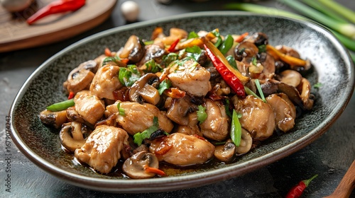 Delicious Chicken Stir-Fry with Mushrooms and Vegetables in Bowl