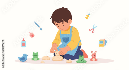 A child creating toys with clay representing hobbies, illustration, and childhood activities