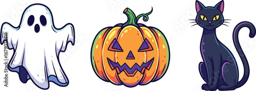 A trio of halloween icons featuring a ghost, pumpkin, and black cat, perfect for spooky season designs