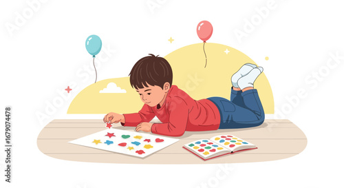 A child enjoying playing with figures and balloons, learning early education activities