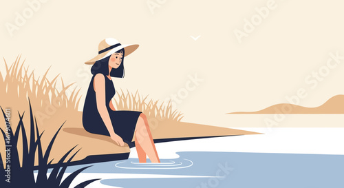 Young woman relaxing by the lake, enjoying the peace and tranquility of nature