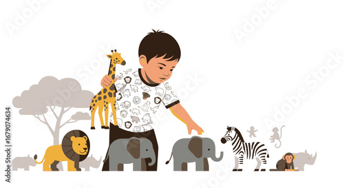 A Child Interacting With Toy African Animals, Creating A Playful Scene, Vector Illustration