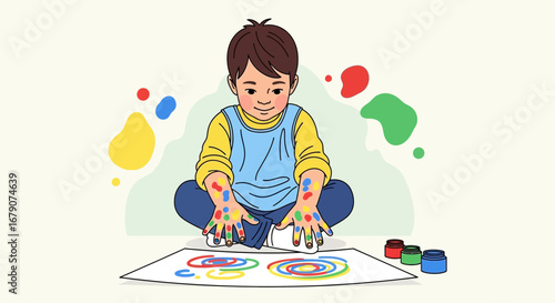 A child is painting with his hands using colorful paints on a white sheet