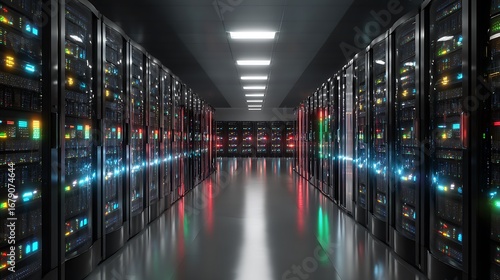 Depict a state of the art data center with rows of server racks, cooling systems, and redundant power supplies.