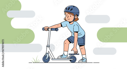 A child learning to ride a scooter, wearing a helmet practicing in the park