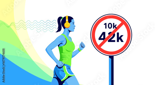 Young Woman Runs Past a 42K Sign Concentrating on the Shorter Distance