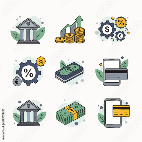 A comprehensive set of modern flat design icons illustrating various aspects of finance, banking, investment, and digital payment solutions.