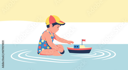 A child playing with a toy boat in the water creates a joyful and playful scene