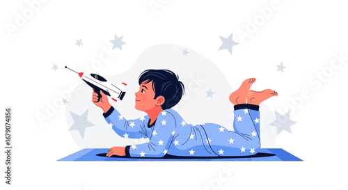 A child playing with a toy spaceship in pajamas dreaming of outer space adventures