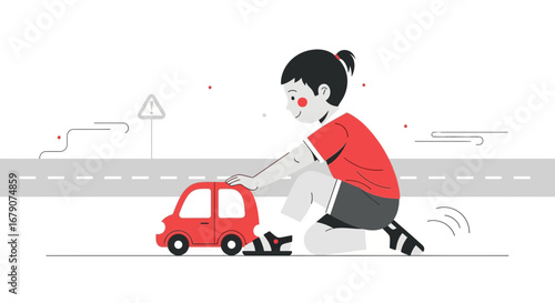 A child playing with a toy car on a road representing childhood fun and imagination