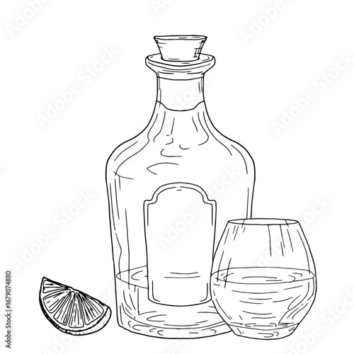 Rum or cognac bottle and glass goblet, black and white sketch. Vector illustration. Classic alcoholic drink and lemon wedge isolated on white background. Glass of whiskey or rum, printable.