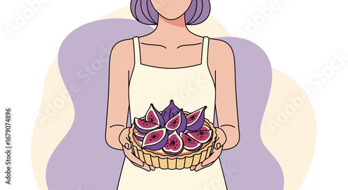 Young Woman Showing a Delicious Fig Tart Ready to Be Appetizingly Enjoyed