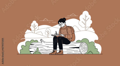 Young Woman Sits on Fallen Log And Writes or Sketches in Her Notebook