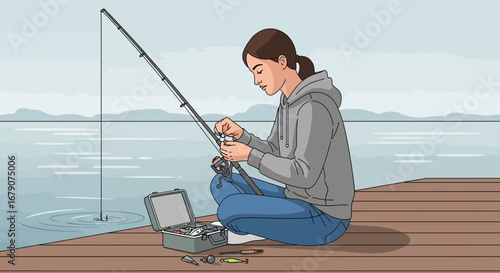 Young Woman Sitting on Dock Prepares Fishing Rod for Peaceful Day on Water