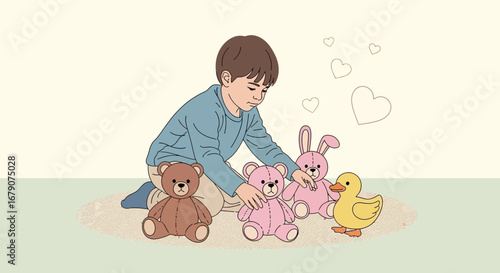 A child playing with stuffed animals in a heartwarming illustration of childhood