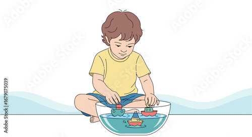 A child playing with toy boats in a bowl filled with water, imaginative playtime