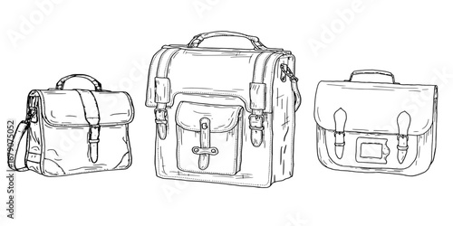 Leather men's wallet bag with clasps, black and white sketch. Vector illustration. A set of silhouettes is isolated on a white background. Men's valise, businessman's bag or porphyry