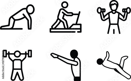 Fitness workout icons set representing diverse exercises and gym equipment for health and wellness