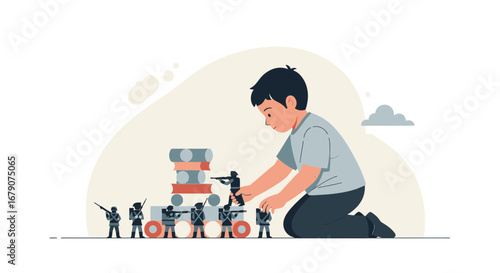 A Child Playing With Toy Soldiers, Building a Structure, and Imagining Combat Scenarios