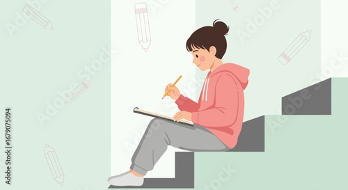 Young Woman Sketching in a Notebook While Sitting on a Step in a Creative Environment