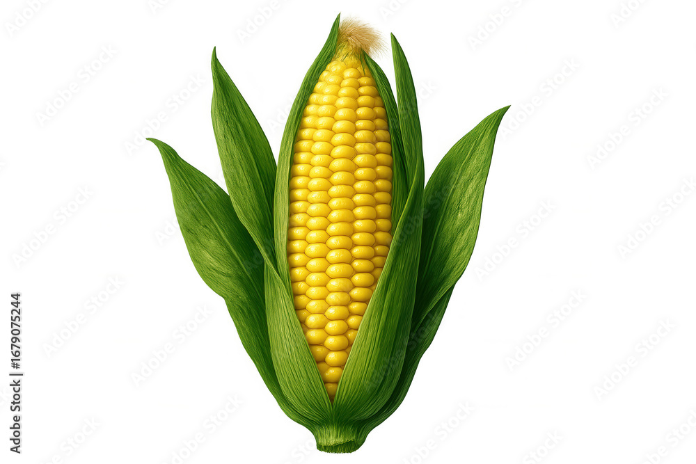 Obraz premium Ripe corn cob emerging from its green husk, isolated on a transparent background, ready for culinary use