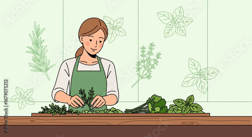 Young Woman Sorting Freshly Harvested Aromatic Herbs In The Kitchen