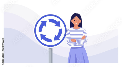 Young Woman Standing Near a Roundabout Sign on Light Background Road Safety