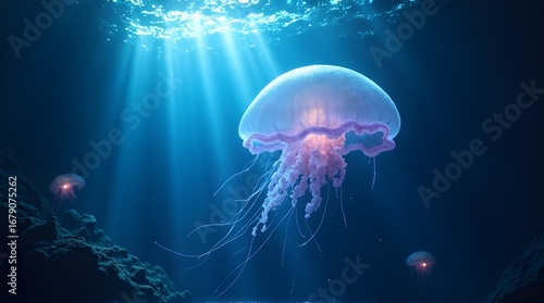 A serene underwater scene featuring a large, translucent jellyfish glowing peacefully in the deep ocean, lit by rays of sunlight.