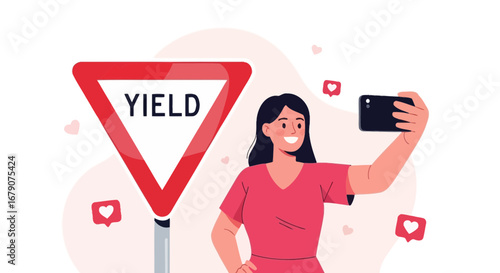 Young woman taking selfie with yield sign to symbolize social media trends