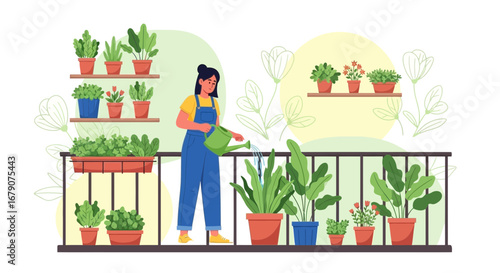 Young Woman Tends To Her Balcony Garden With Watering Can Beautiful Day