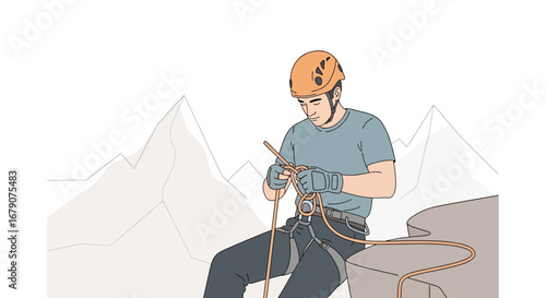 A climber preparing his equipment near a mountain range, wearing the helmet